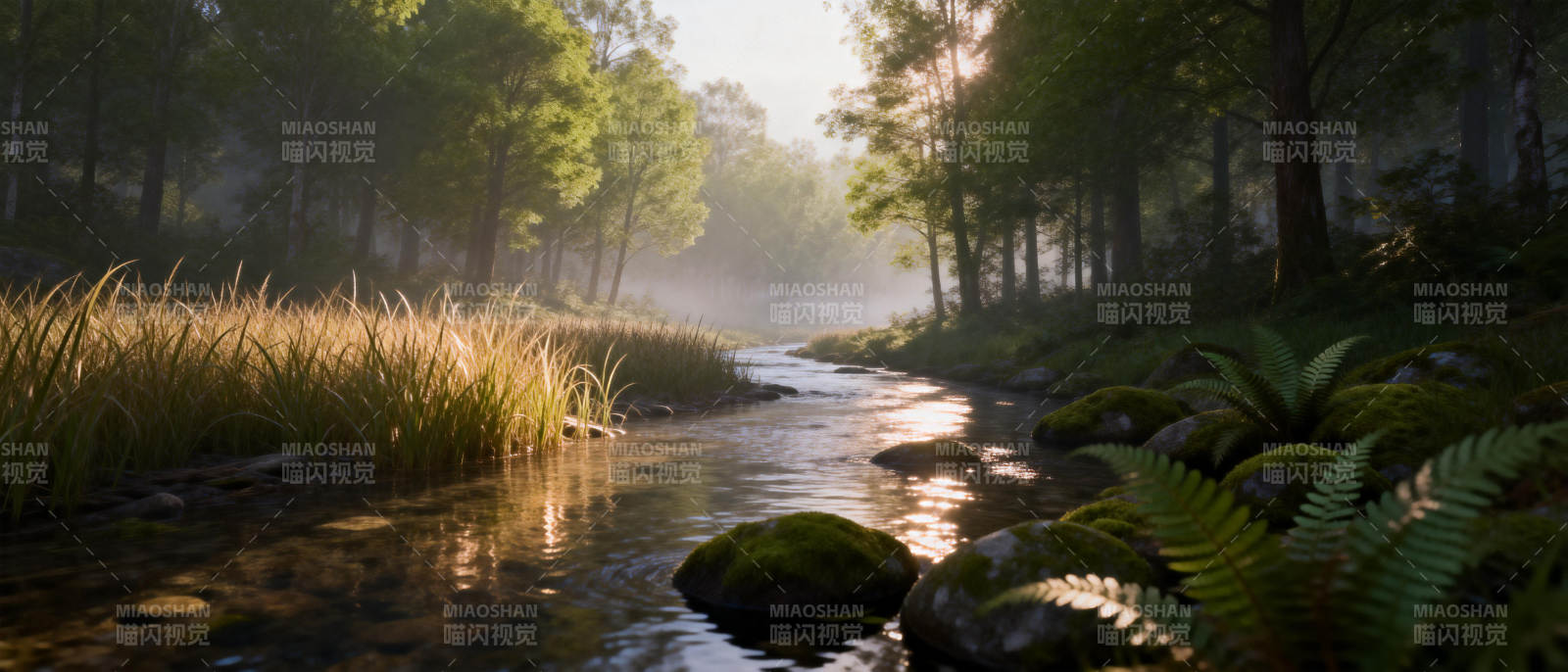 晨雾溪流林间景图片