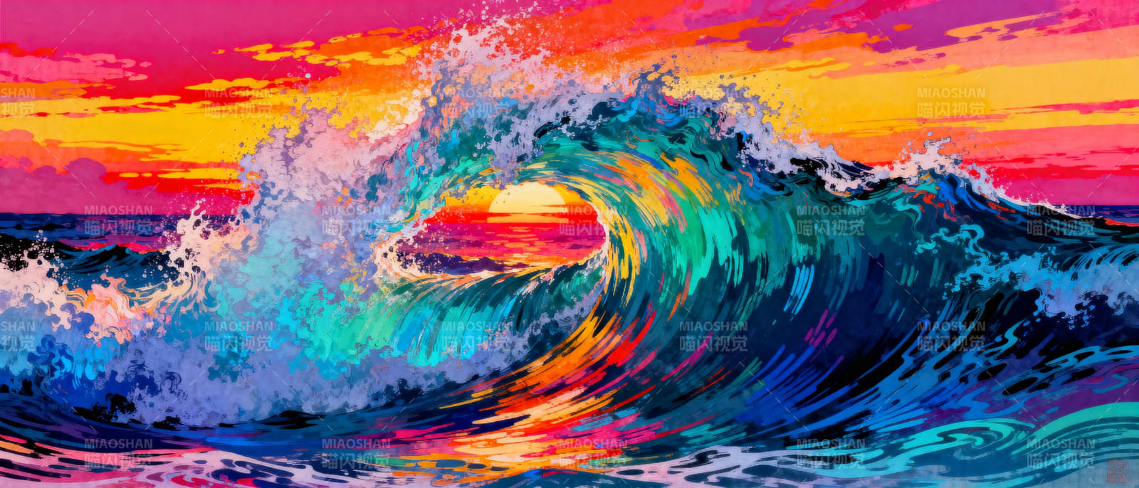 彩虹海浪日落图片