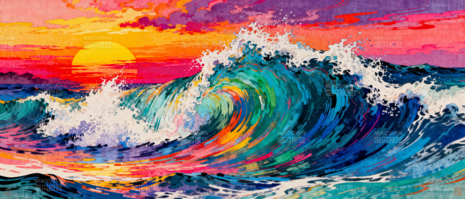 彩虹海浪日落图片