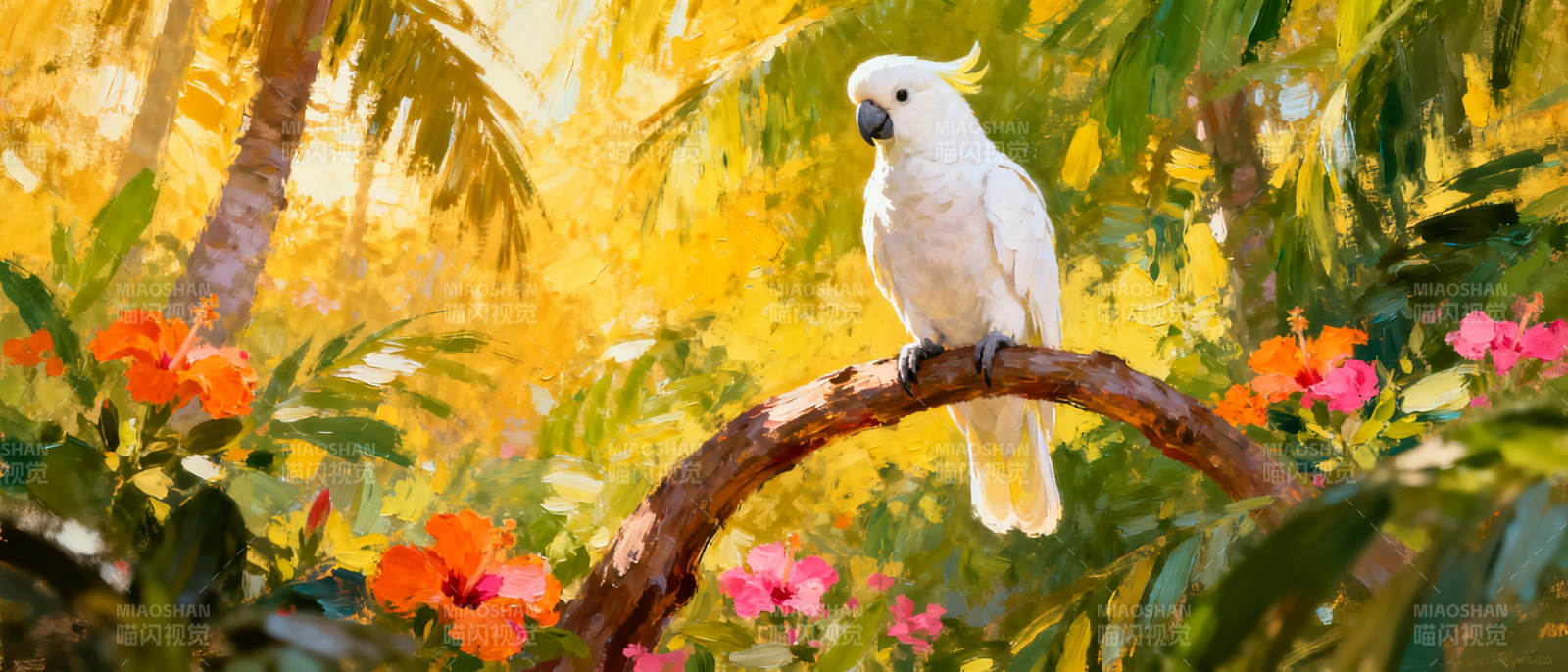 白鹦鹉栖枝花丛中图片