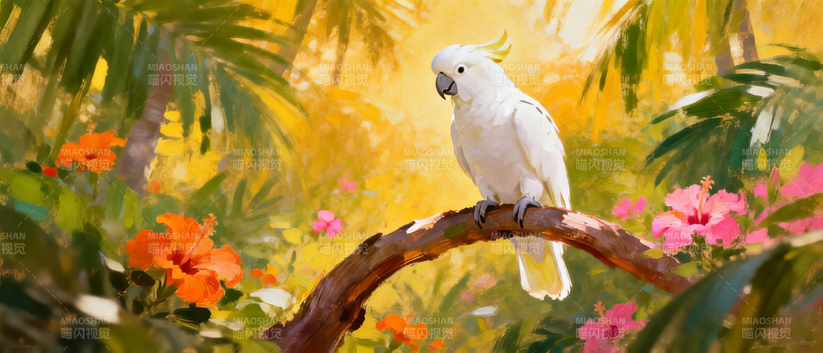 白鹦鹉栖枝花丛中图片