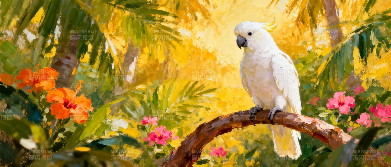 白鹦鹉栖息花丛中图片