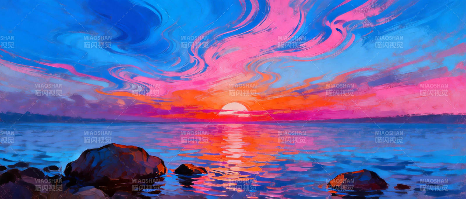 梦幻湖畔日落图片