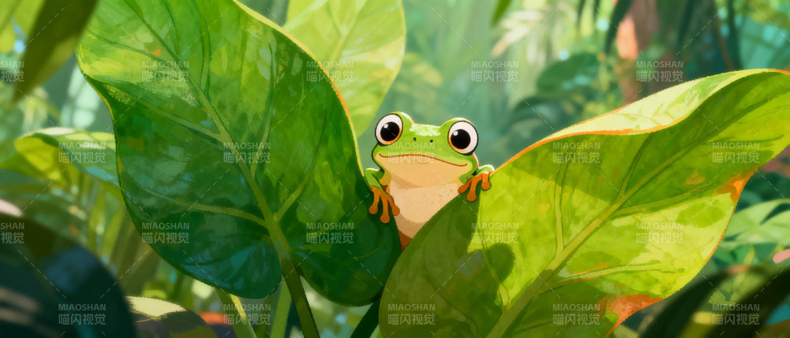 绿蛙叶间探头图片