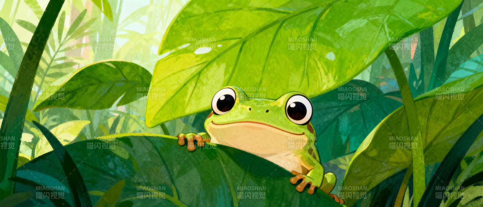 绿蛙藏叶间图片