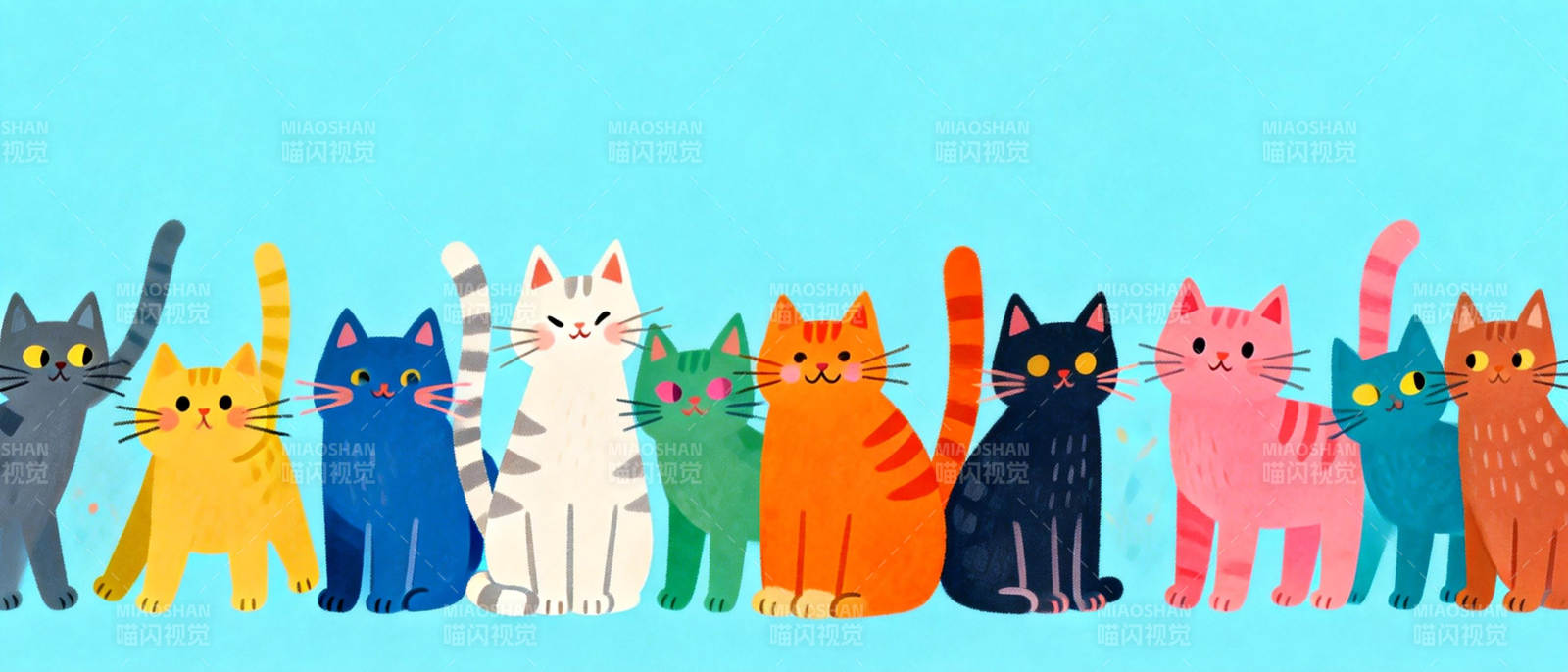 彩色猫咪排排坐图片