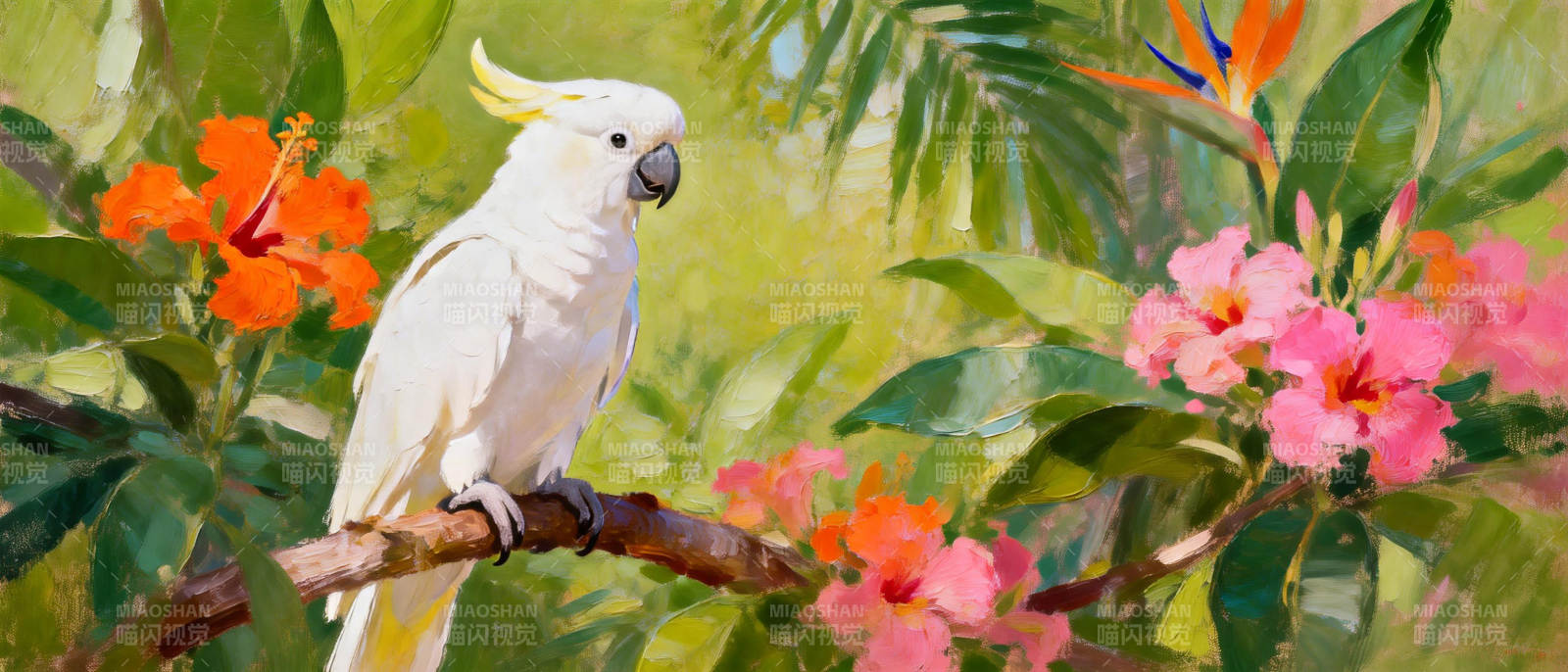白鹦鹉栖枝花间图片
