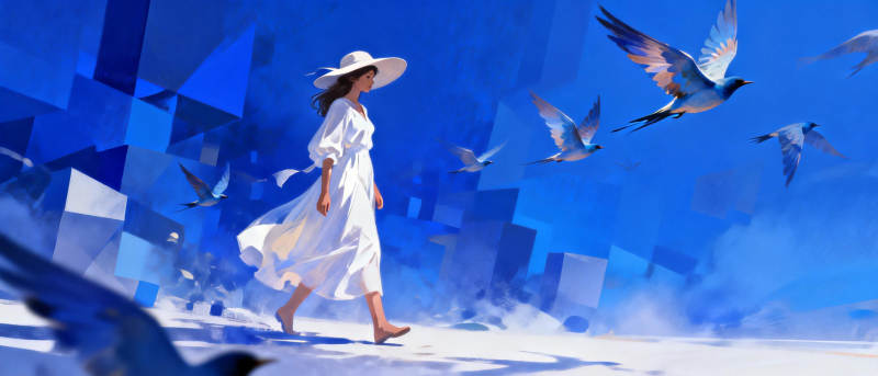 白衣女子与飞鸟图片