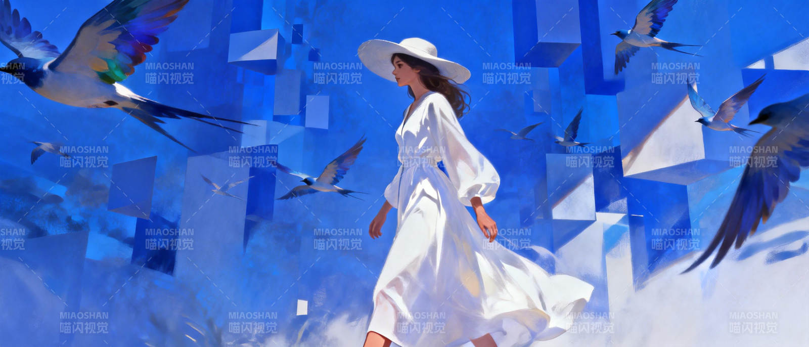白裙女子与飞鸟图片