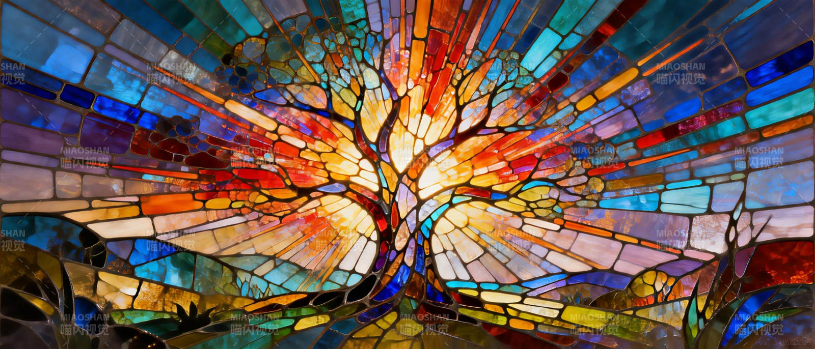 彩窗树影图片