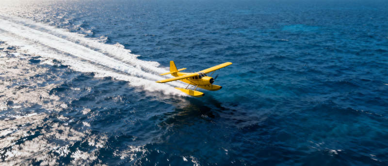 黄飞机掠海面图片