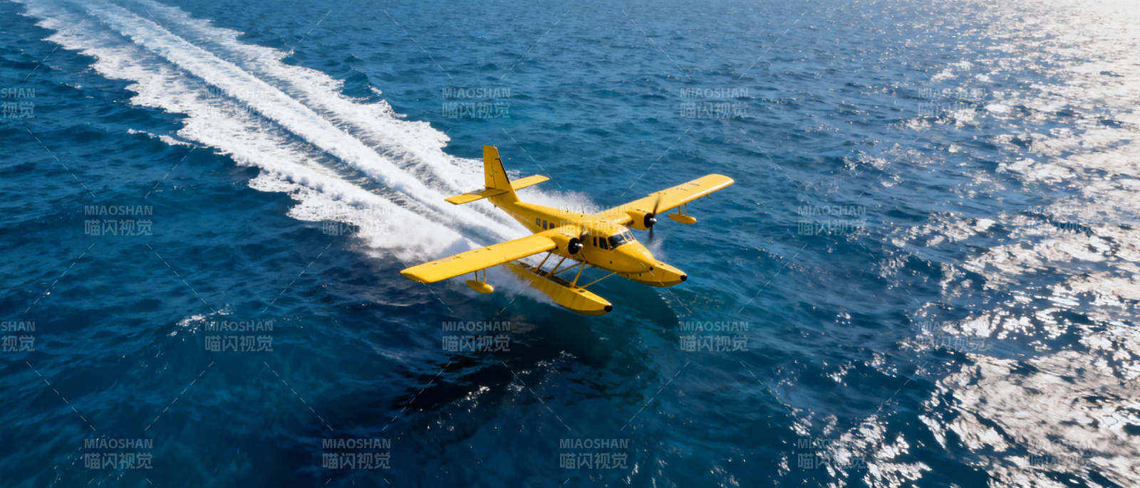 黄飞机掠海面图片