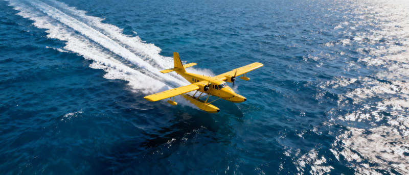 黄飞机掠海面图片