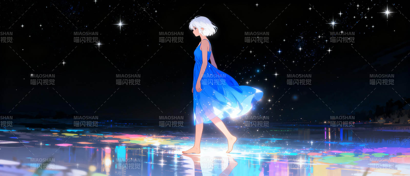 星夜蓝裙少女图片