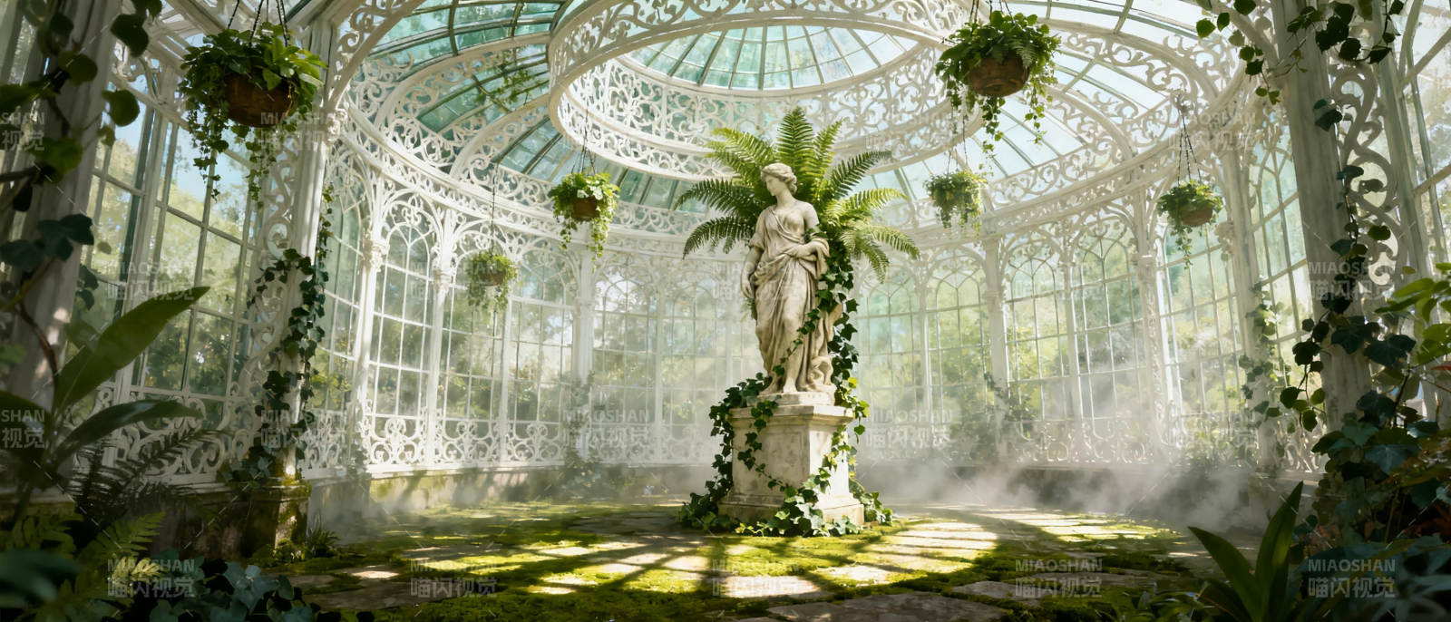 温室中的雕像与绿植图片