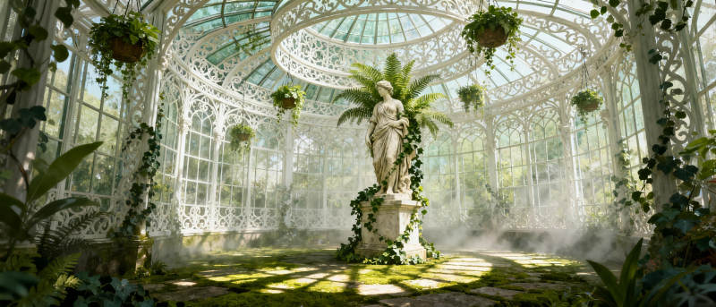 温室中的雕像与绿植图片