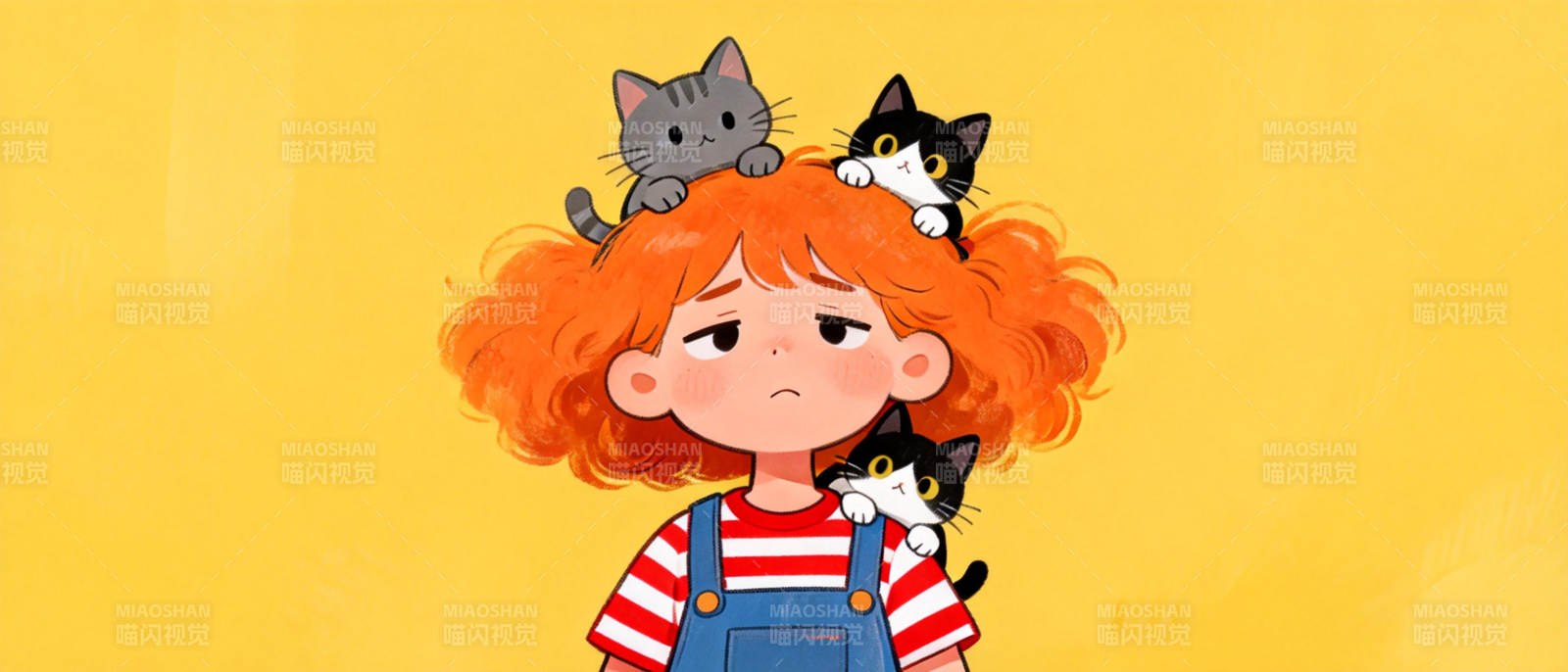 红发女孩与三只猫图片