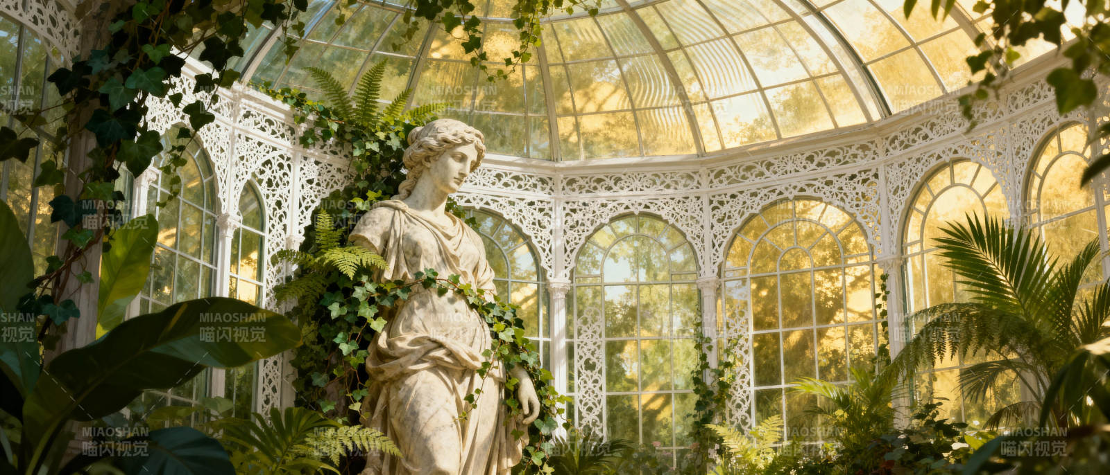 温室中的雕像与绿植图片