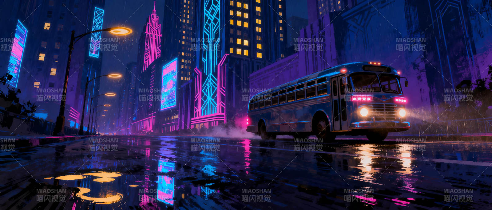 霓虹雨夜巴士行图片