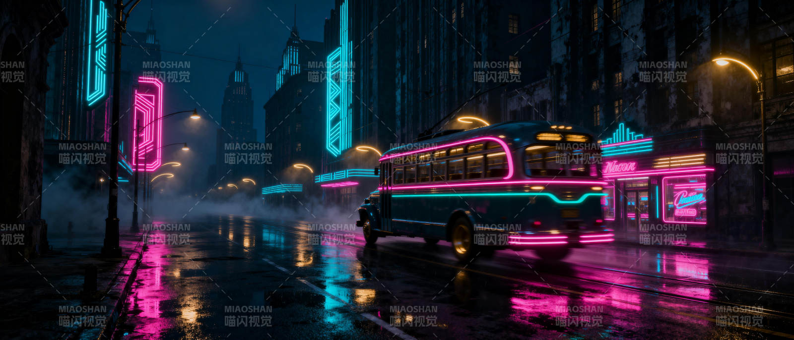 霓虹夜雨街景图片