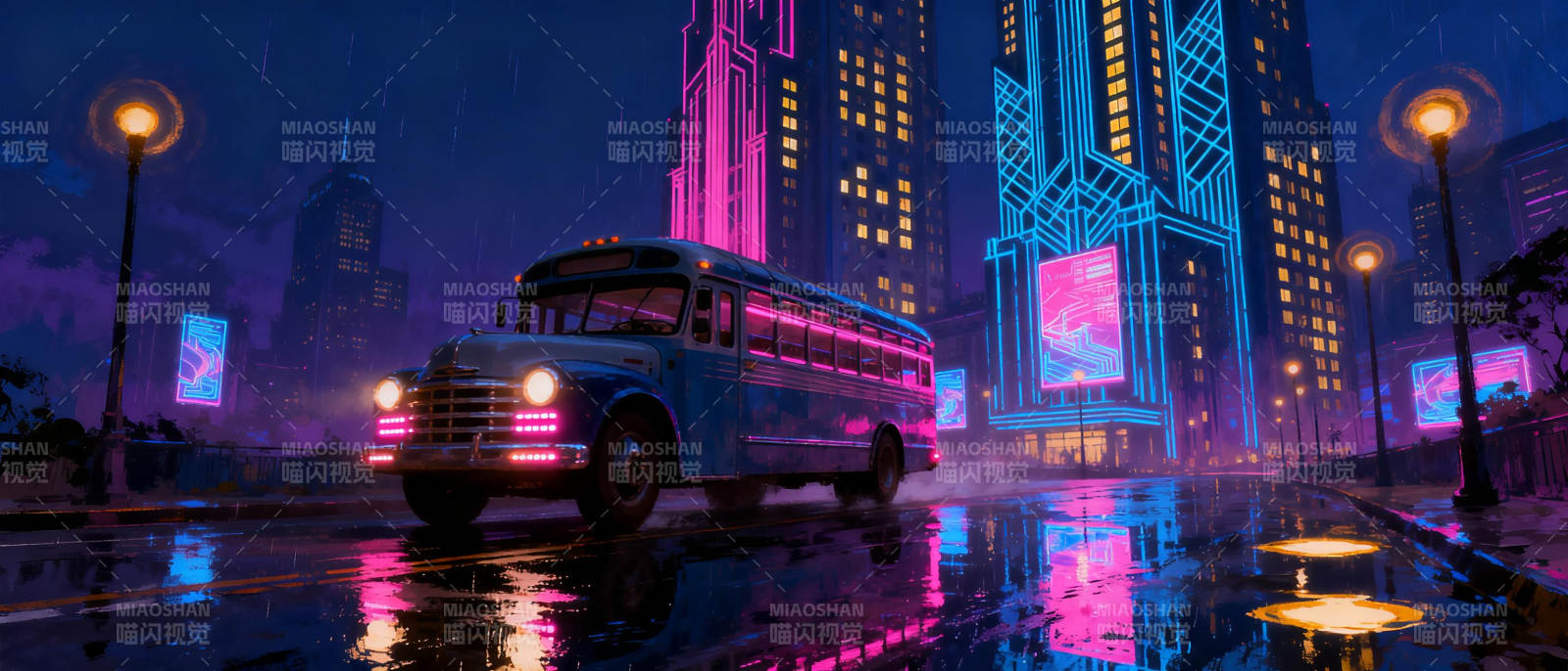 霓虹雨夜公交图片