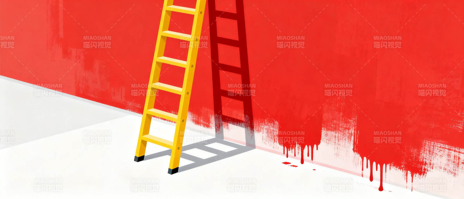 红色墙边的黄色梯子图片
