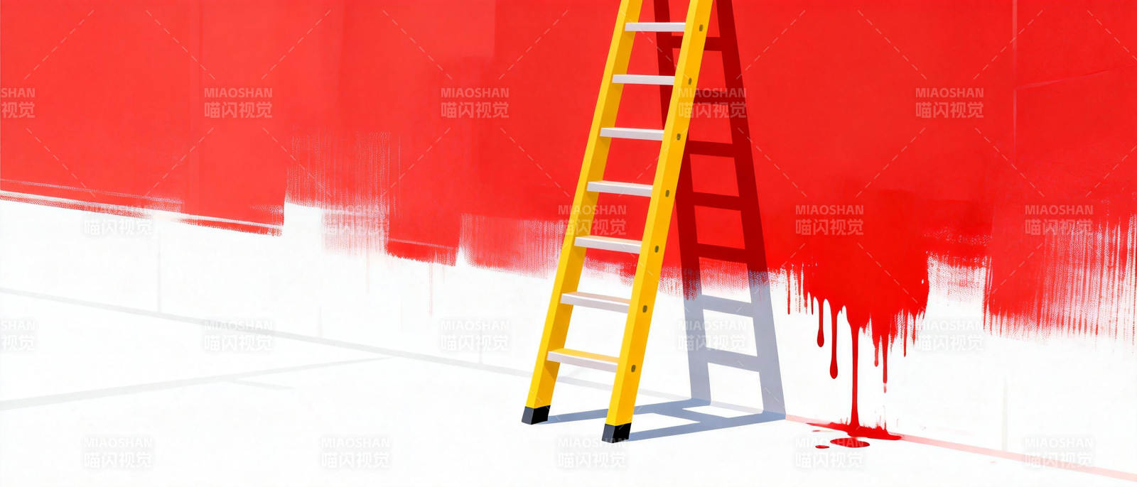 红色墙边的梯子图片