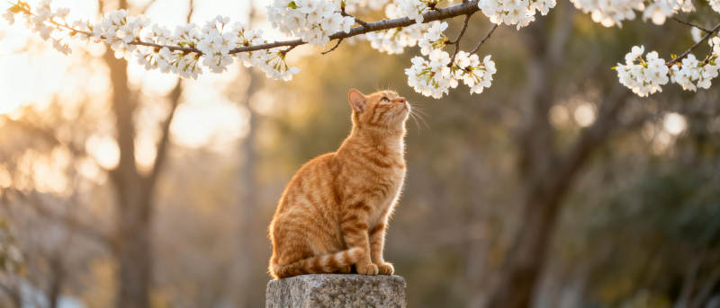 猫赏樱花图片