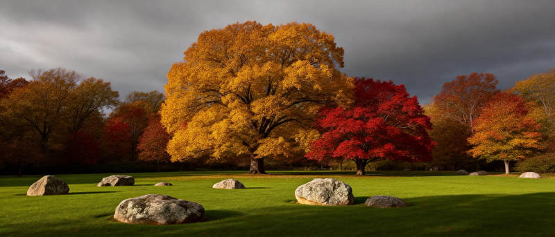 秋林映彩 石静草青图片