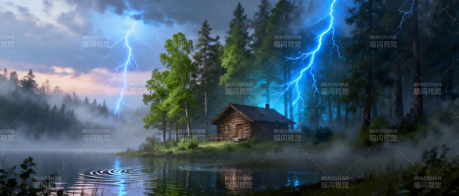雷雨夜湖畔小屋图片