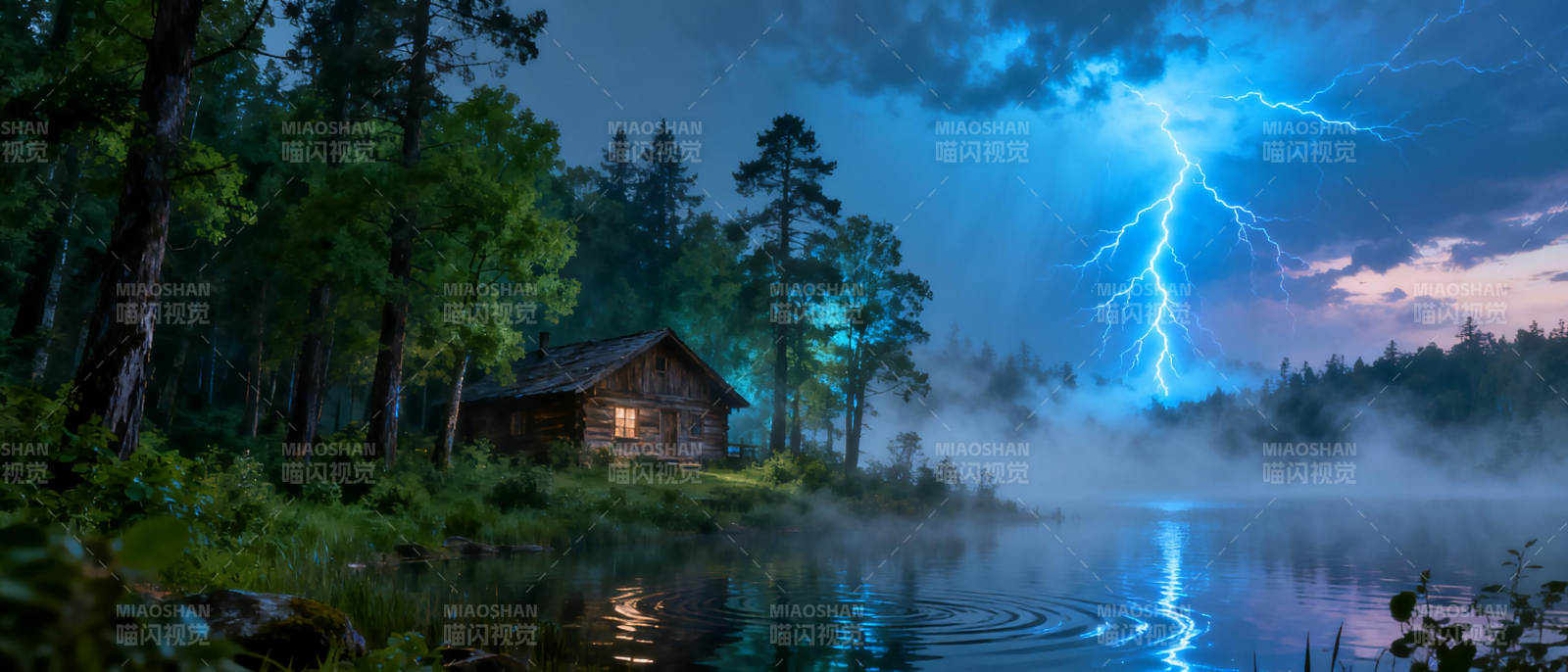 雷雨夜湖畔小屋图片