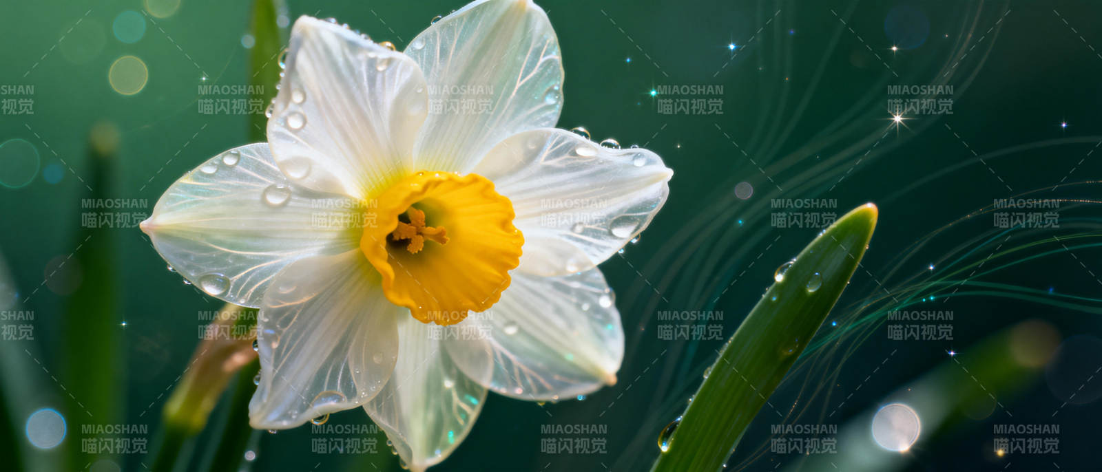 水珠点缀的洁白水仙图片