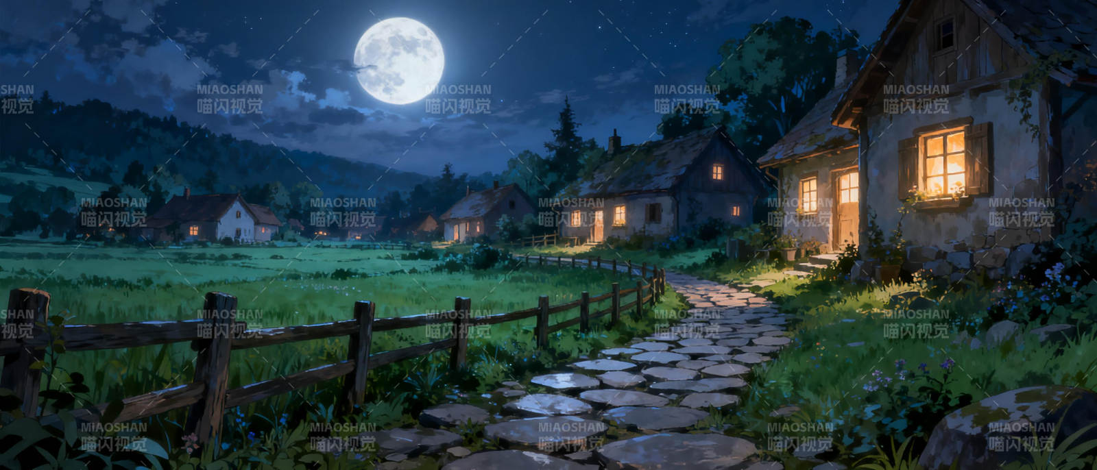 月夜乡村小径图片