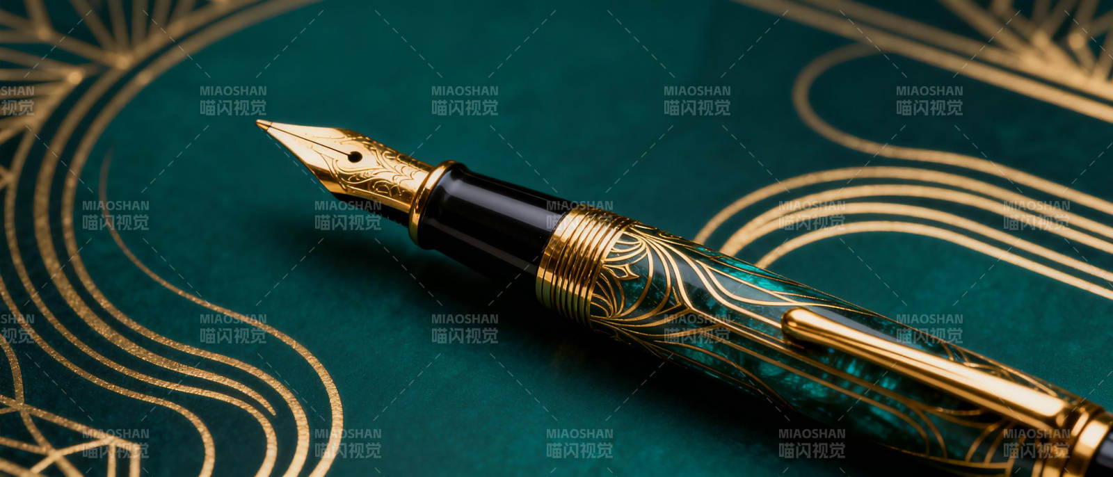 金笔静置绿金纹上图片