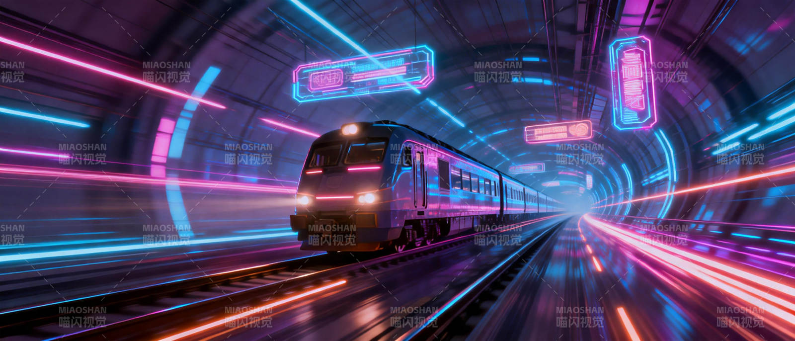 霓虹隧道列车疾驰图片