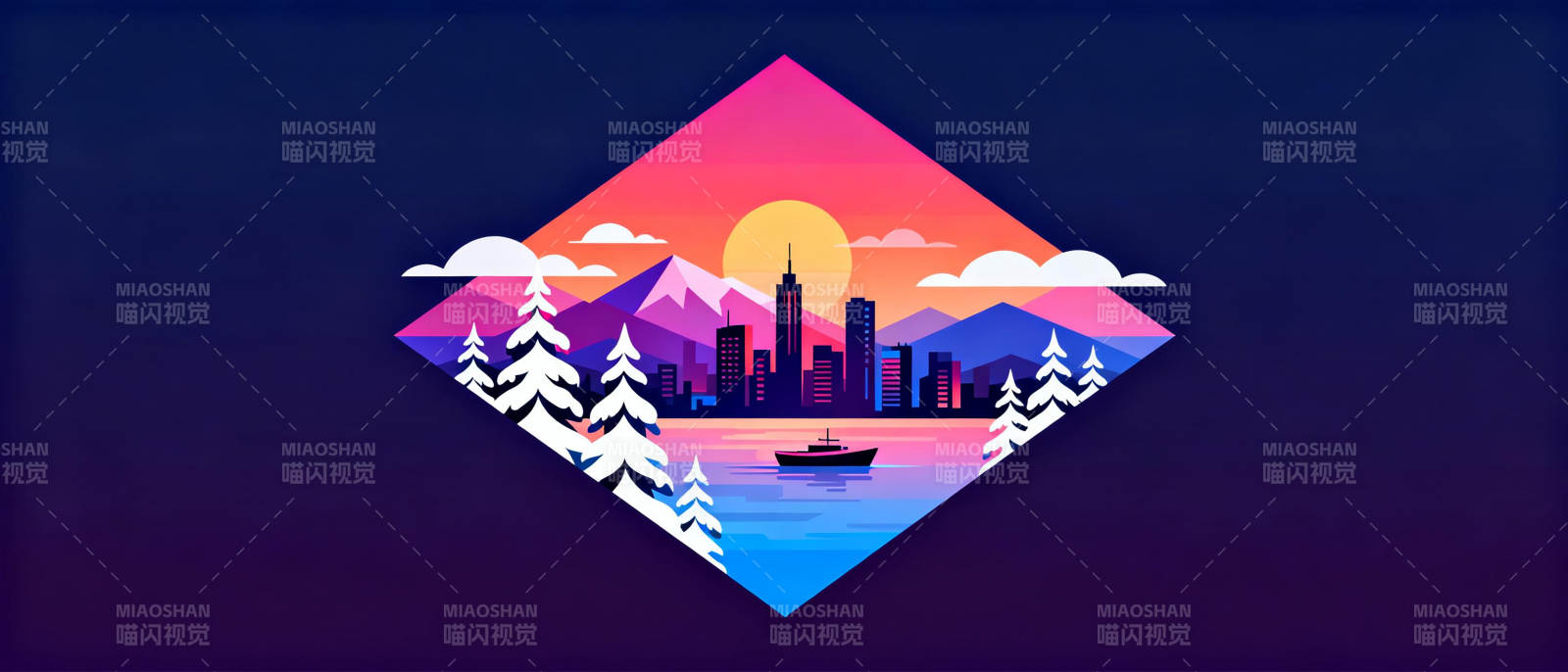 城市雪景日落图图片