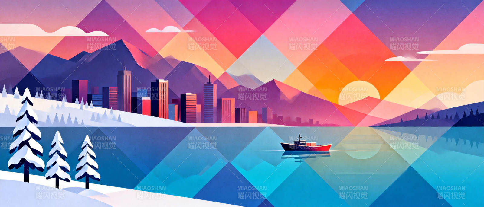 冬日湖畔城市风光图片