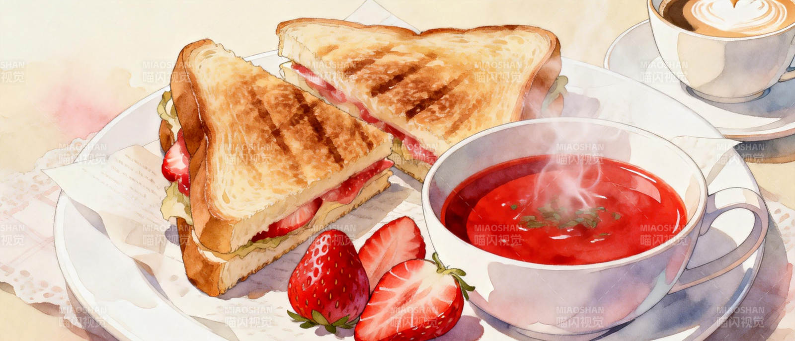 草莓三明治与热汤图片