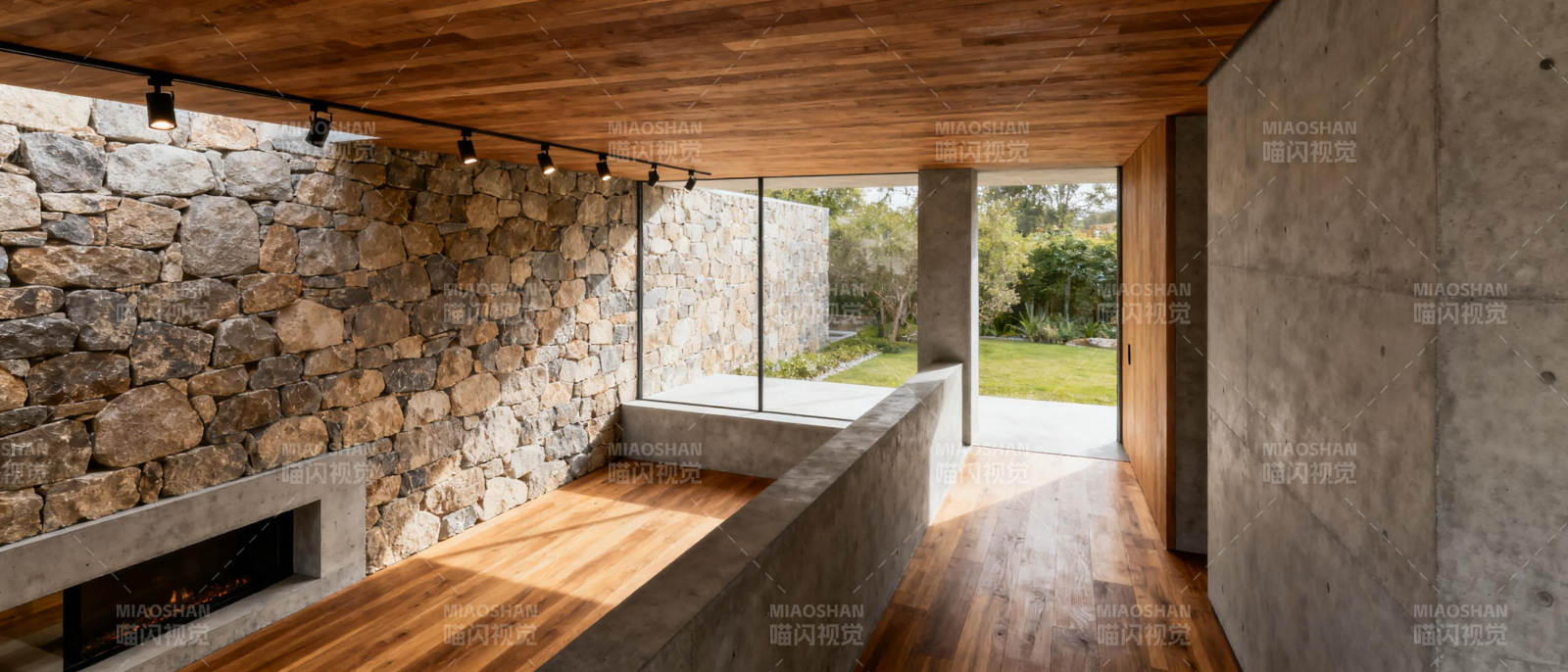 现代石墙木屋客厅图片