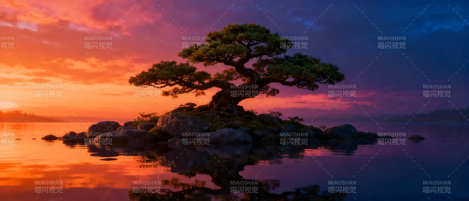 孤树映霞光图片