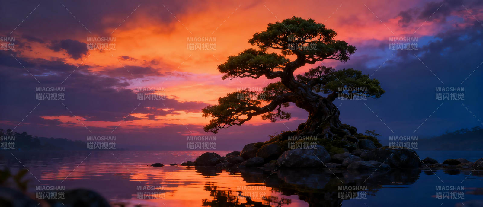 孤树映霞光图片