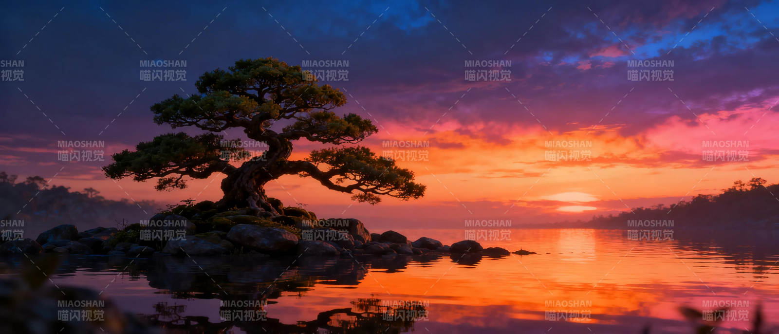 孤松映晚霞图片