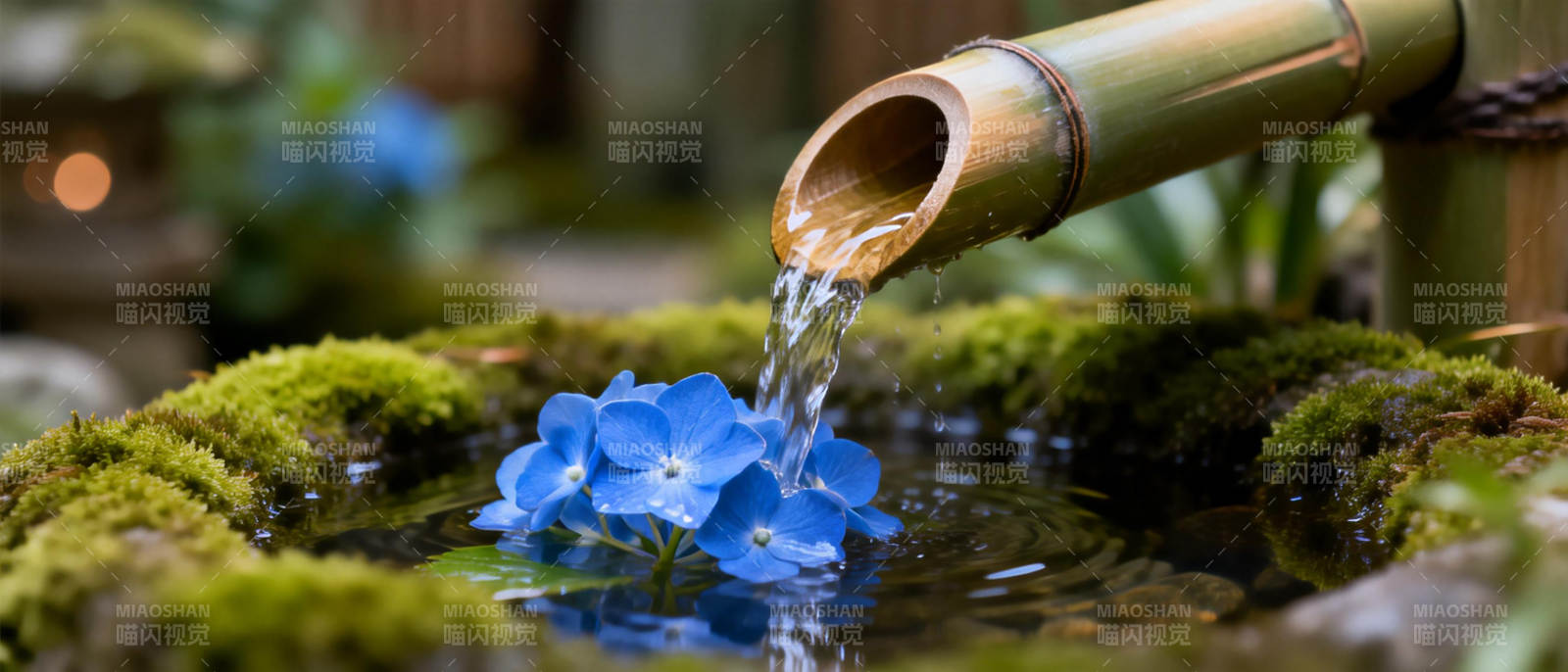 竹流清泉映蓝花图片