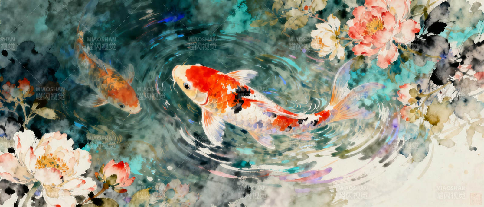 锦鲤戏水花影图片