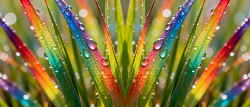 彩虹叶上露珠闪烁图片