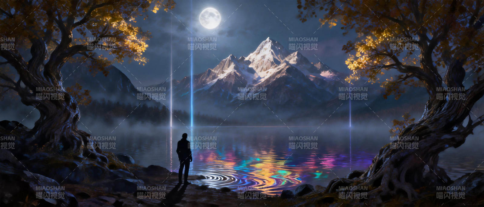 月下湖畔奇景图片