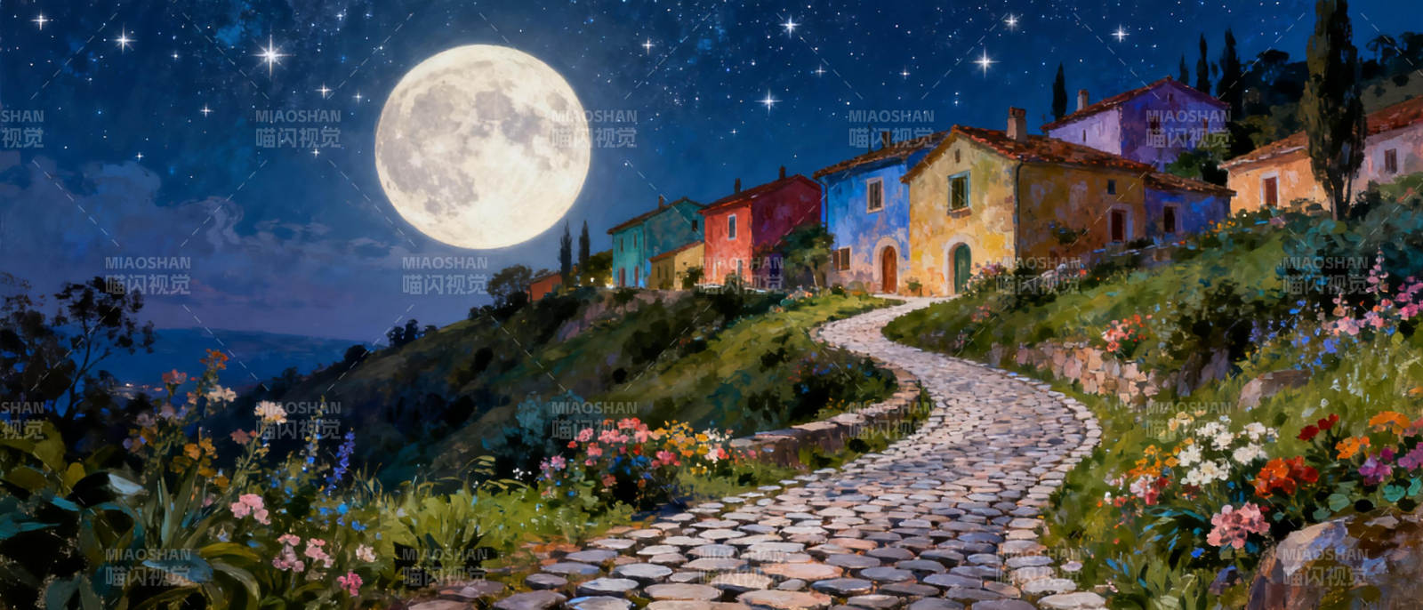月夜小径花村图片