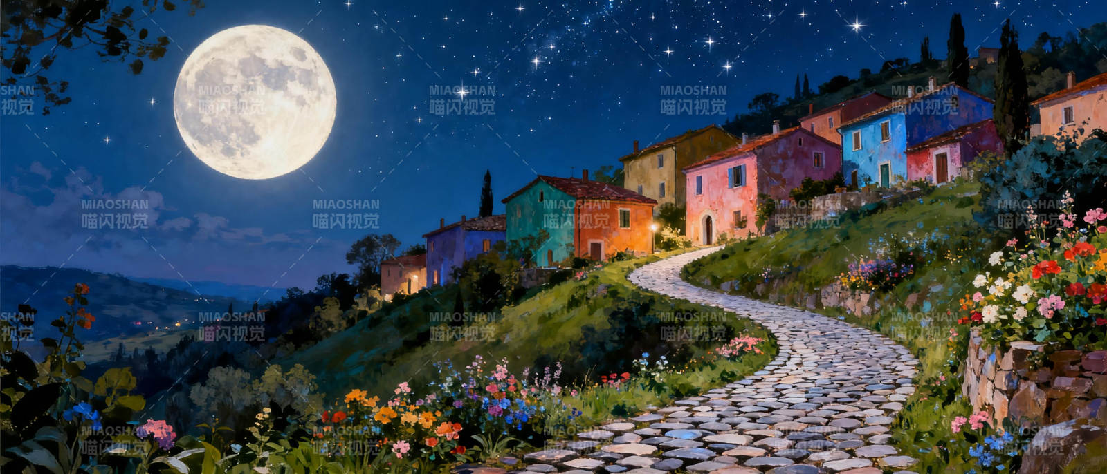 月夜花径小镇图片