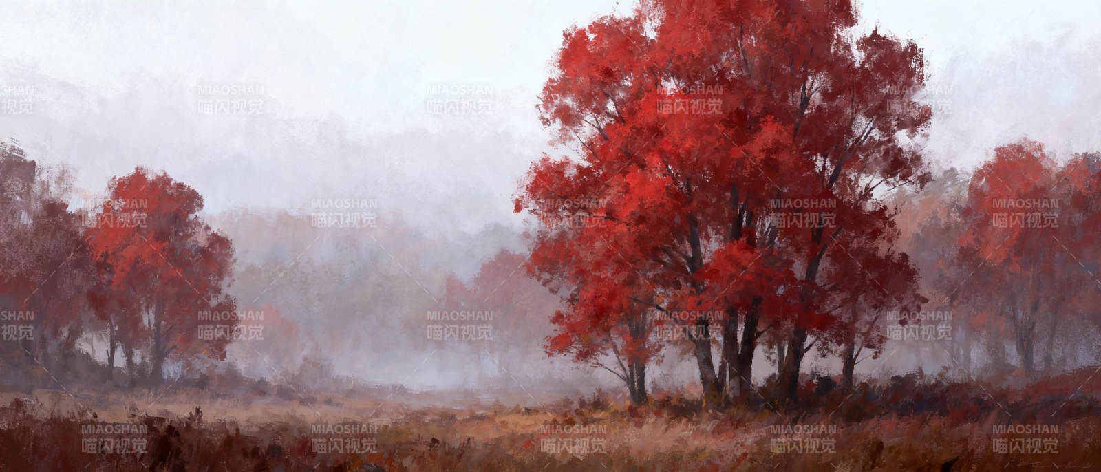 秋雾红林图片