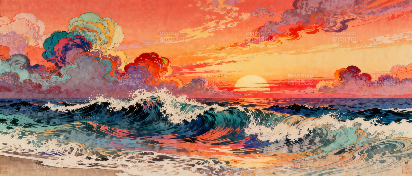 夕阳海浪图图片